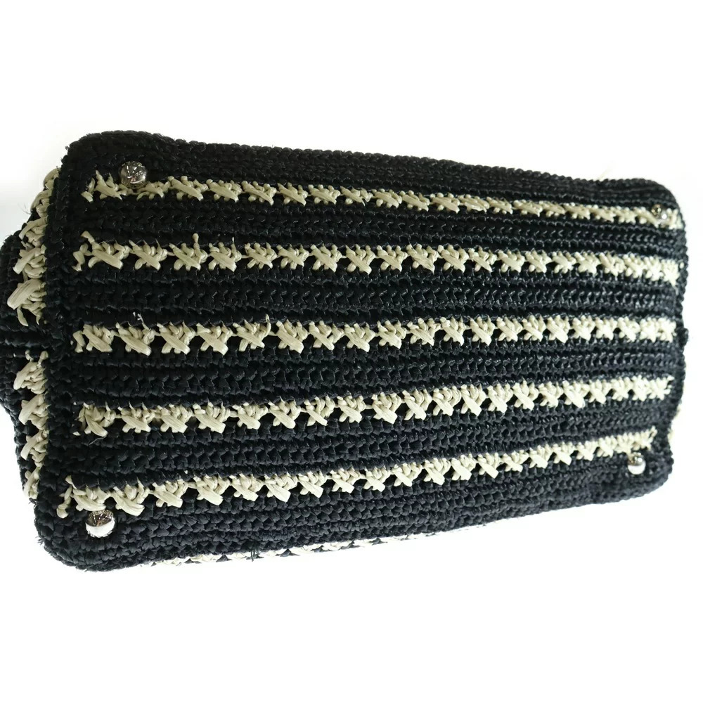 PRADA Canapa Raffia Triangle Logo Plate Basket Hand Tote Bag Black White - Picture 5 of 6